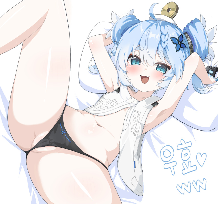 1girl bed black_panties blue_eyes blue_hair blush cameltoe double_bun fang flat_chest hair_bun heart highres hururu_(vldptmxk1054) loli looking_at_viewer navel open_mouth panties pillow short_twintails skin_fang smile twintails underwear wuthering_waves youhu_(wuthering_waves)