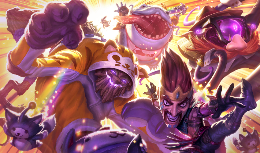 animal_hands biceps boots cat cat_paws coat collared_shirt covered_face definitely_not_maokai definitely_not_tahm_kench definitely_not_vel&#039;koz draven draven_draven falling gauntlets glasses gloves hat league_of_legends leather leather_pants light light_rays male_focus maokai mask mature_male multiple_boys muscular muscular_male non-web_source official_alternate_costume official_art open_mouth pants pectorals rainbow shirt sparkle tahm_kench teeth tentacles tongue tongue_out underpec vel&#039;koz watch