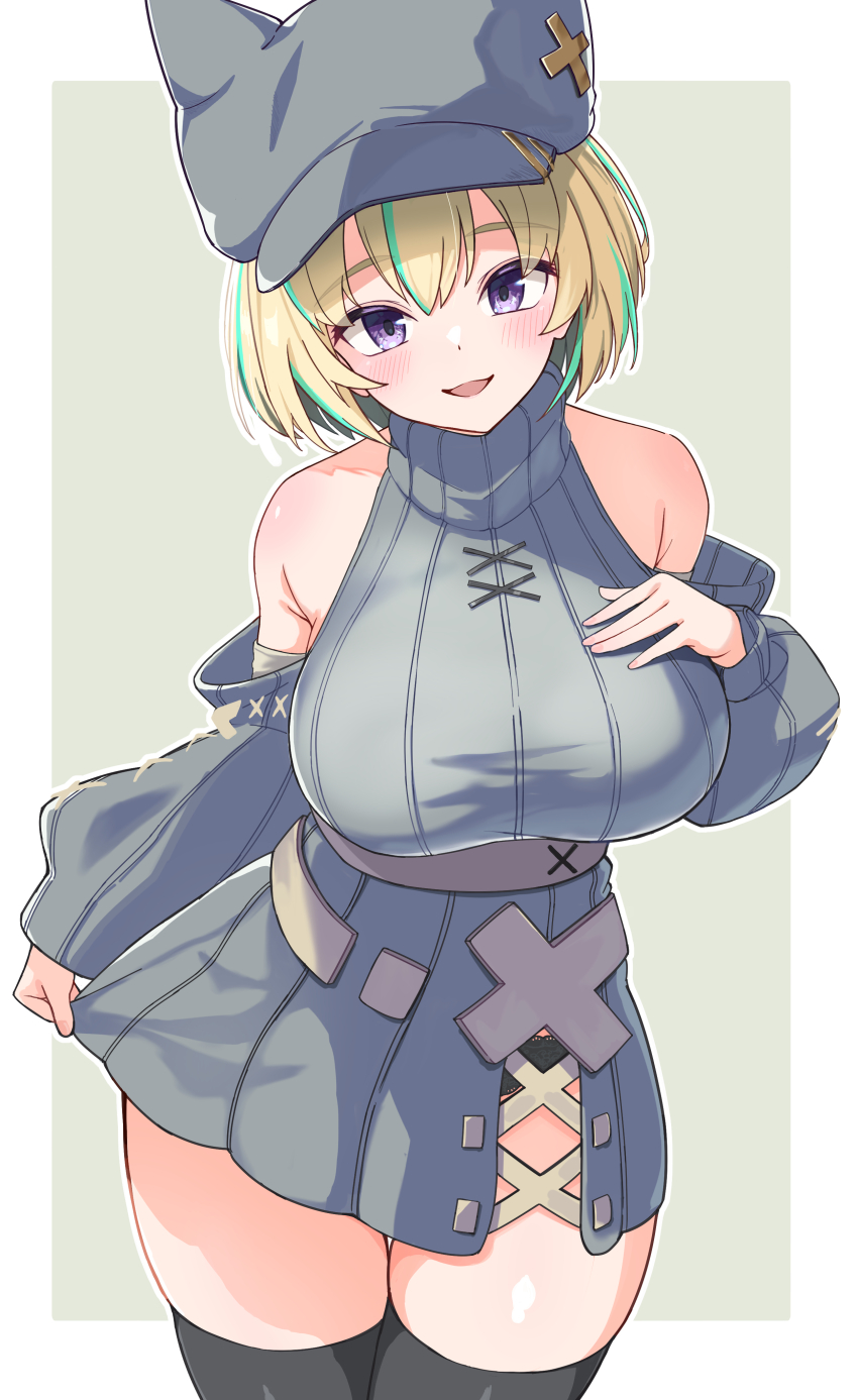 1girl absurdres aoi_momiji black_thighhighs blonde_hair blush border breasts commentary_request commission detached_sleeves dress green_hair grey_background grey_dress grey_hat hat highres large_breasts looking_at_viewer multicolored_hair open_mouth original purple_eyes ribbed_dress short_hair simple_background skeb_commission smile solo standing streaked_hair thighhighs turtleneck turtleneck_dress two-tone_hair white_border x_(symbol)