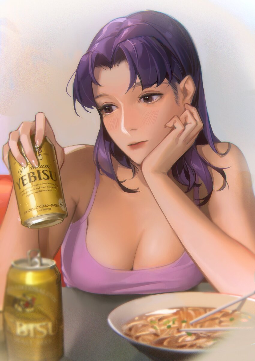 1girl absurdres alcohol bare_arms bare_shoulders beer beer_can blurry blush breast_press breasts brown_eyes can cleavage closed_mouth commentary couch crop_top depth_of_field drink_can eyelashes food head_rest highres holding holding_can katsuragi_misato large_breasts limart looking_at_object medium_hair neon_genesis_evangelion noodles purple_hair purple_tank_top ramen sitting sleeveless solo spaghetti_strap symbol-only_commentary tank_top upper_body yebisu