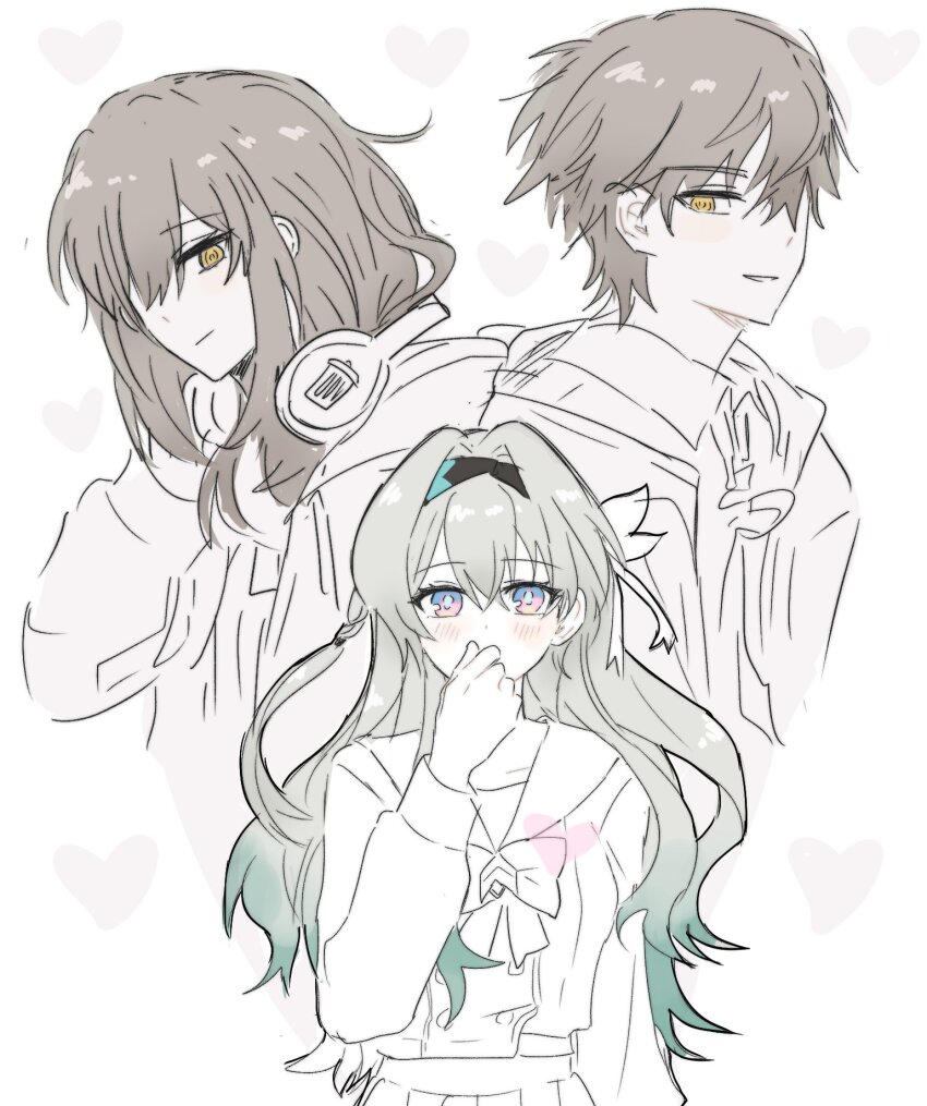 1boy 2girls black_hairband blush bow bowtie buttons caelus_(honkai:_star_rail) double-breasted firefly_(honkai:_star_rail) firefly_(spring_missive)_(honkai:_star_rail) gradient_hair green_pupils hair_ornament hair_over_eyes hair_ribbon hairband hand_on_own_face highres honkai:_star_rail honkai_(series) multicolored_eyes multicolored_hair multiple_girls open_mouth pleated_skirt ribbon simple_background skirt smile stelle_(honkai:_star_rail) trailblazer_(honkai:_star_rail) trash_can two-tone_eyes white_background yellow_eyes yoursansface