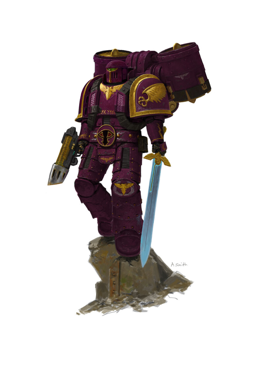 1boy adeptus_astartes adrian-smith armor armored_boots asymmetrical_dual_wielding boots breastplate concept_art dual_wielding emperor&#039;s_children energy_gun energy_sword eyes_of_horus_(warhammer_40k) faulds full_armor full_body gauntlets greaves gun highres holding holding_gun holding_sword holding_weapon imperial_aquila jetpack lightning_bolt_symbol looking_to_the_side male_focus on_rock ornate_armor pauldrons pelvic_curtain power_armor purple_armor shoulder_armor signature sword vambraces warhammer_40k weapon white_background wing_ornament
