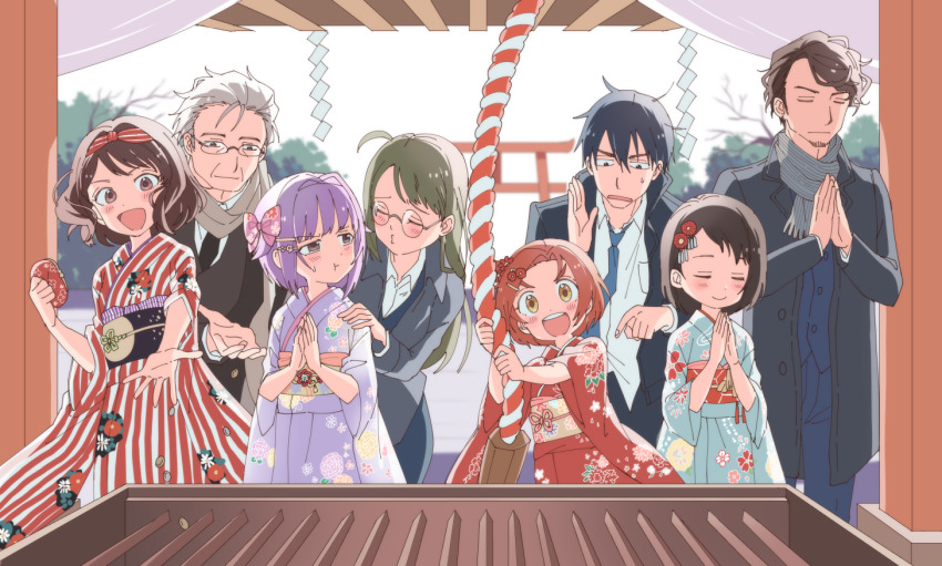 3boys 5girls :t ahoge ai_nige beard black_hair blush box brown_hair closed_eyes coin commentary_request donation_box facial_hair floral_print formal_clothes glasses idolmaster idolmaster_cinderella_girls japanese_clothes kimono koshimizu_sachiko messy_hair multiple_boys multiple_girls nagatomi_hasumi o3o obi old old_man orange_hair own_hands_together palms_together praying producer_(idolmaster) purple_hair rope round_eyewear ryuzaki_kaoru sasaki_chie sash scarf shimenawa smile striped_clothes striped_kimono sweatdrop throwing throwing_money torii vertical-striped_clothes vertical-striped_kimono yukata