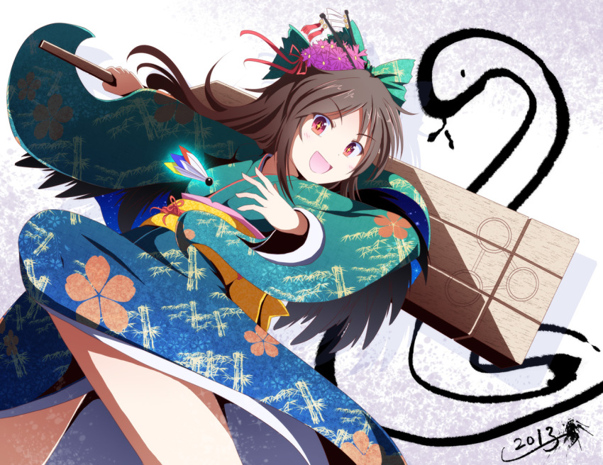 10s 1girl 2013 alternate_costume bow brown_hair capelet feathers female_focus flower hair_bow hair_ornament japanese_clothes long_hair new_year obi open_mouth paddle ponytail red_eyes reiuji_utsuho sash snake solo star-shaped_pupils star_(symbol) symbol-shaped_pupils touhou tri wings