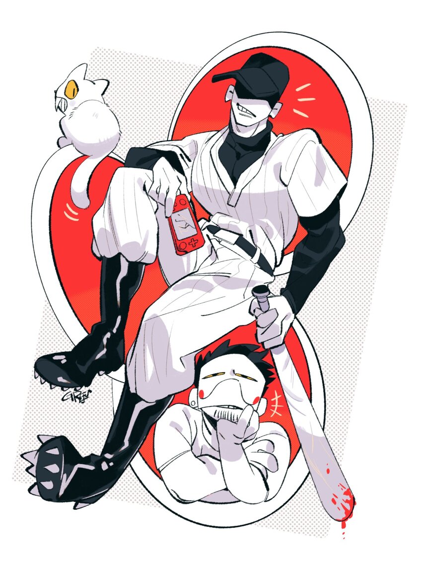 3boys add-on_(off) arm_on_knee baseball_cap baseball_jersey baseball_uniform belt belt_buckle black_belt black_footwear black_hair black_hat black_shirt buckle cat cleats colored_sclera commentary fangs full_body green_(grimy) hand_on_own_face handheld_game_console hat head_rest highres holding holding_handheld_game_console jersey knee_up layered_clothes layered_sleeves limited_palette long_sleeves looking_back male_focus mask motion_lines multiple_boys nintendo nintendo_switch off_(game) pants sharp_teeth shirt shirt_tucked_in short_hair short_over_long_sleeves short_sleeves signature slit_pupils sneer sportswear teeth the_batter_(off) the_judge_(off) turtleneck white_pants white_shirt yellow_sclera zacharie_(off)