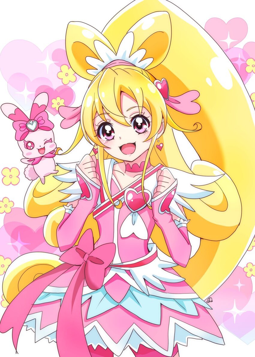 1girl aida_mana artist_name blonde_hair bow choker clenched_hands cowboy_shot cure_heart curled_ends dokidoki!_precure dress dress_bow earrings elbow_gloves gloves hair_ornament hair_tie half_gloves heart heart_choker heart_earrings heart_hair_ornament highres in-franchise_crossover jewelry long_hair looking_at_viewer momotarouooi open_mouth pink_bow pink_choker pink_dress pink_eyes pink_gloves ponytail precure sharuru_(dokidoki!_precure) short_dress signature sleeveless sleeveless_dress smile solo standing very_long_hair