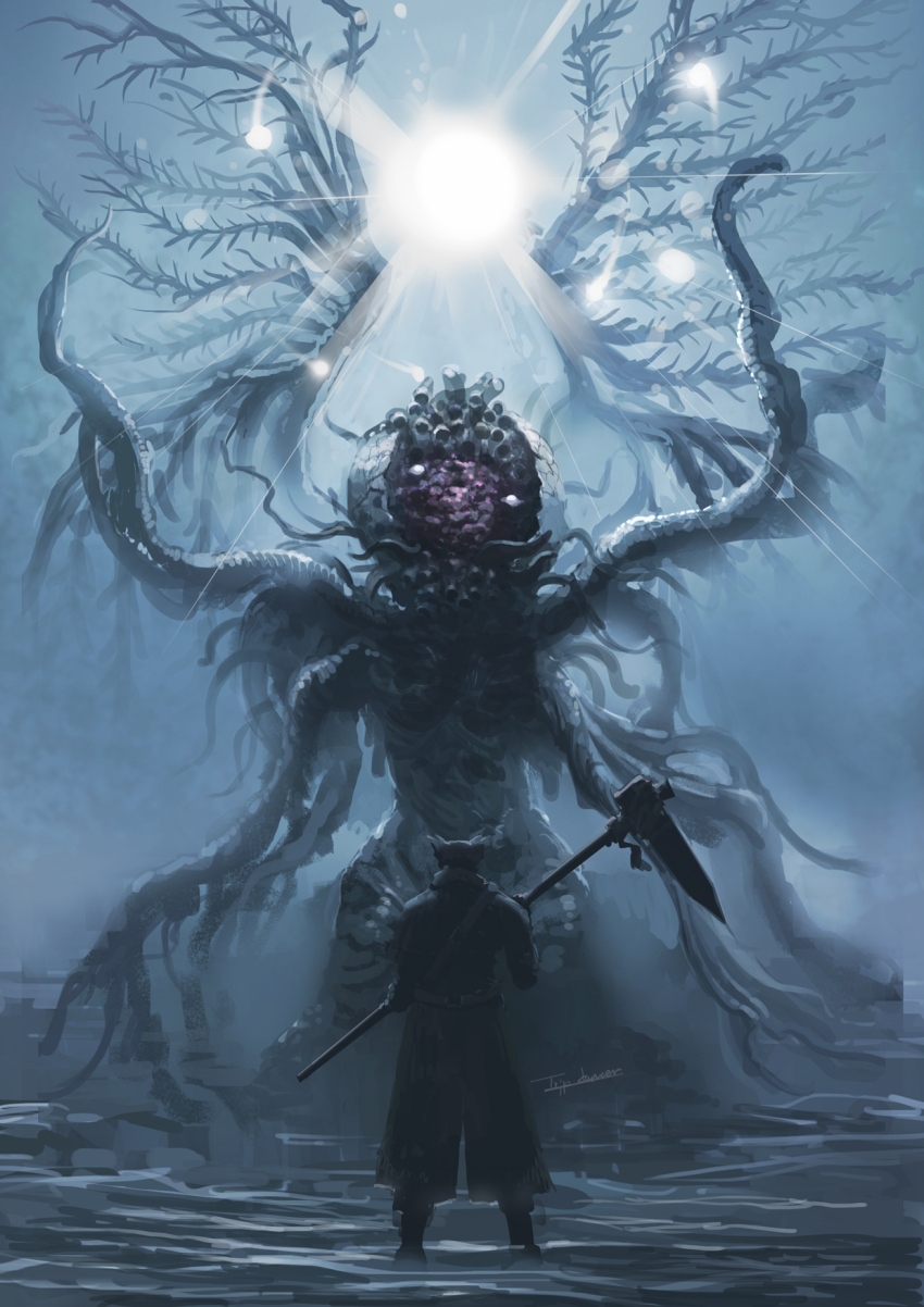 1other alien ambiguous_gender bloodborne ebrietas_daughter_of_the_cosmos from_behind hat highres holding holding_scythe hunter_(bloodborne) monster scythe standing tentacles tricorne tripdancer wings