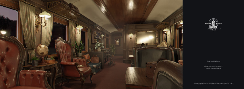 artist_name bag brown_bag chair commentary company_name copyright_notice english_commentary erich girls&#039;_frontline globe handbag highres mirror no_humans official_art plant potted_plant scenery shelf suitcase table train_interior twitter_username vase wall_lamp watermark web_address weibo_username window