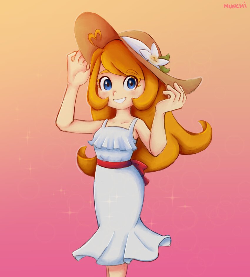 1girl absurdres adjusting_clothes adjusting_headwear artist_name blue_eyes dress flower gradient_background hat hat_flower highres long_hair mona_(warioware) munchi_png nintendo orange_hair smile sparkle sun_hat warioware warioware:_move_it! white_dress