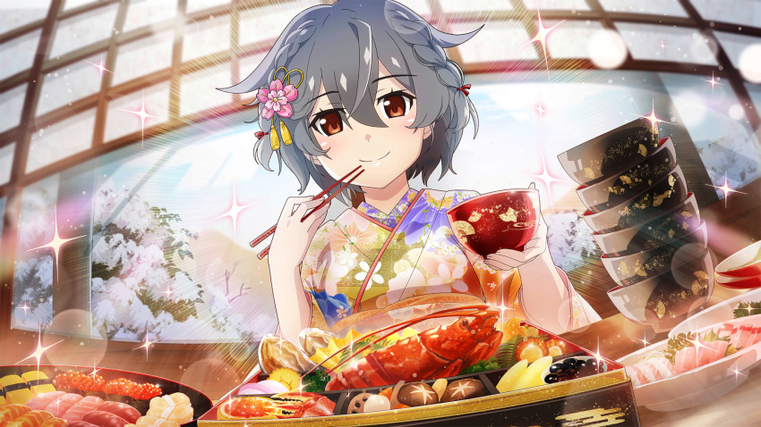 1girl alternate_hairstyle bowl braid brown_eyes chopsticks closed_mouth datemaki_(food) dutch_angle eating emphasis_lines fish_(food) fisheye floral_print floral_print_kimono flower food game_cg grey_hair gunkanmaki hair_flower hair_ornament highres higurashi_no_naku_koro_ni higurashi_no_naku_koro_ni_mei holding holding_bowl holding_chopsticks ikura_(food) indoors japanese_clothes juubako kimiyoshi_kazuho kimono lens_flare lobster looking_at_food lotus_root_slice mushroom new_year nigirizushi non-web_source official_art osechi print_kimono rice_bowl shiitake short_hair smile snow solo sparkle sushi upper_body