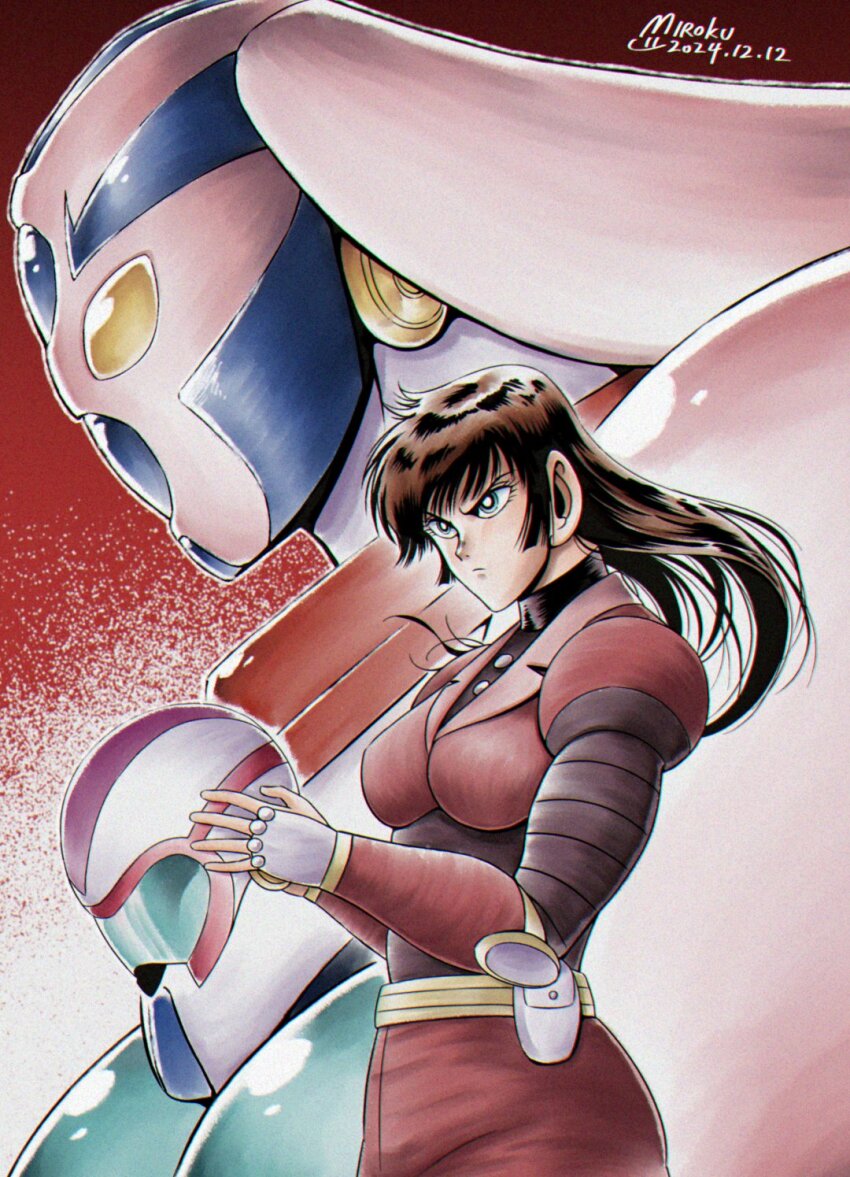 1990s_(style) 1girl 2024 armor belt blue_eyes blunt_sidelocks bodysuit boobplate breastplate bright_pupils brown_hair cowboy_shot dated from_side frown getter_rekka getter_robo getter_robo_daikessen! helmet highres holding holding_helmet ishikawa_ken_(style) long_hair mecha mecha_focus mecha_pilot_suit miroku_(miroku_t) mizuki_akane official_style pink_armor profile red_background red_bodysuit retro_artstyle robot robot_girl sidelocks super_robot unworn_headwear unworn_helmet v-shaped_eyebrows white_pupils yellow_belt yellow_eyes