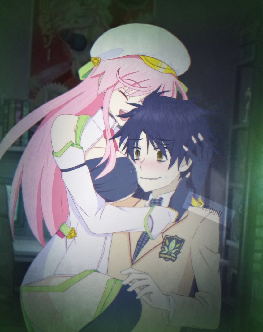2cowo blue_hair breasts chaos;head highres hug large_breasts nipples nishijou_takumi pink_hair seira_orgel