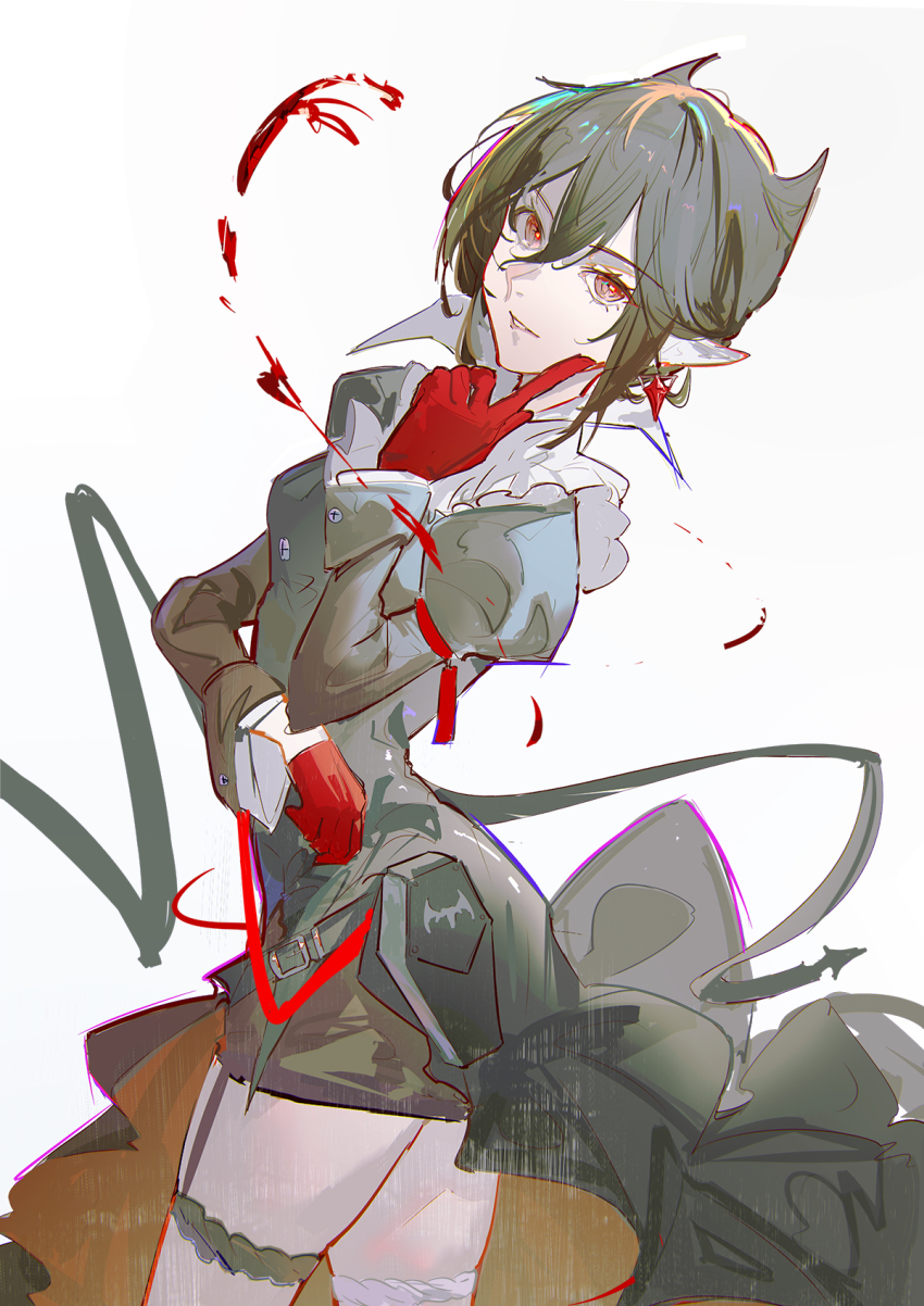 1girl arknights black_dress black_hair blood cowboy_shot dress earrings entelechia_(arknights) finger_to_cheek gloves hair_between_eyes hair_horns highres jewelry juliet_sleeves long_sleeves looking_at_viewer naoel_(naoel_art) parted_lips pointy_ears puffy_sleeves red_eyes red_gloves short_hair sketch solo standing