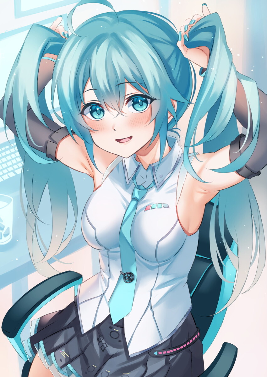 1girl ahoge aqua_eyes aqua_hair aqua_nails aqua_necktie arm_up armpits black_skirt blush breasts bunching_hair detached_sleeves hair_between_eyes hatsune_miku hatsune_miku_(vocaloid4) highres inue_ao long_hair long_sleeves looking_at_viewer medium_breasts miniskirt necktie open_mouth shirt sitting skirt sleeveless sleeveless_shirt smile solo twintails very_long_hair vocaloid white_shirt