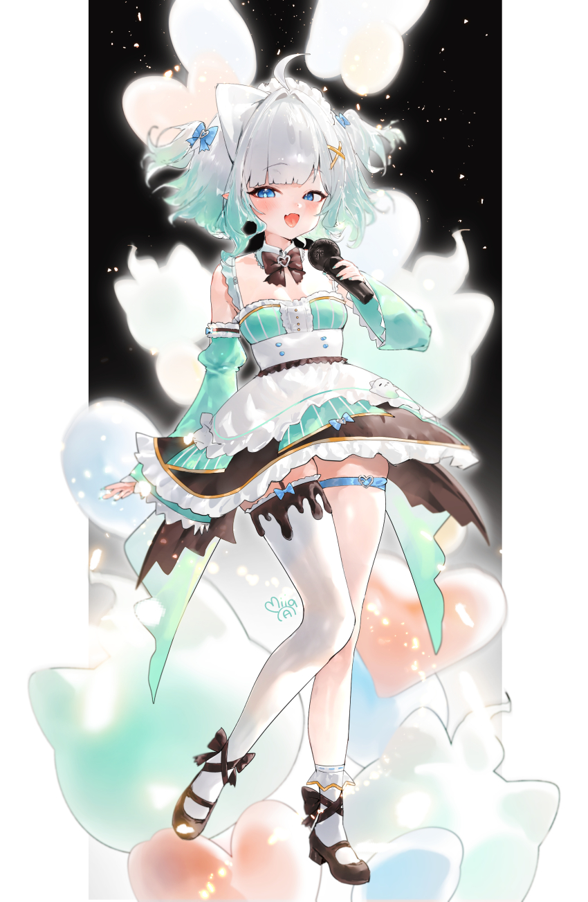 1girl :d absurdres ahoge apron arm_at_side asymmetrical_legwear black_shoes black_skirt blue_bow blue_eyes blush bobby_socks bow breasts commentary detached_collar detached_sleeves dress english_commentary fang full_body gradient_hair green_dress green_hair green_sleeves hair_bow hair_ornament highres holding holding_microphone indie_virtual_youtuber long_sleeves looking_at_viewer maid_headdress microphone mila_(milaart12) mint_fantome mint_fantome_(minto_2.0) multicolored_hair open_mouth shoes short_hair signature single_thighhigh skin_fang skirt sleeve_garter small_breasts smile socks solo standing standing_on_one_leg striped_clothes striped_dress thigh_strap thighhighs triangular_headpiece two-tone_hair uneven_legwear vertical-striped_clothes vertical-striped_dress virtual_youtuber white_apron white_hair white_socks white_thighhighs wide_sleeves x_hair_ornament