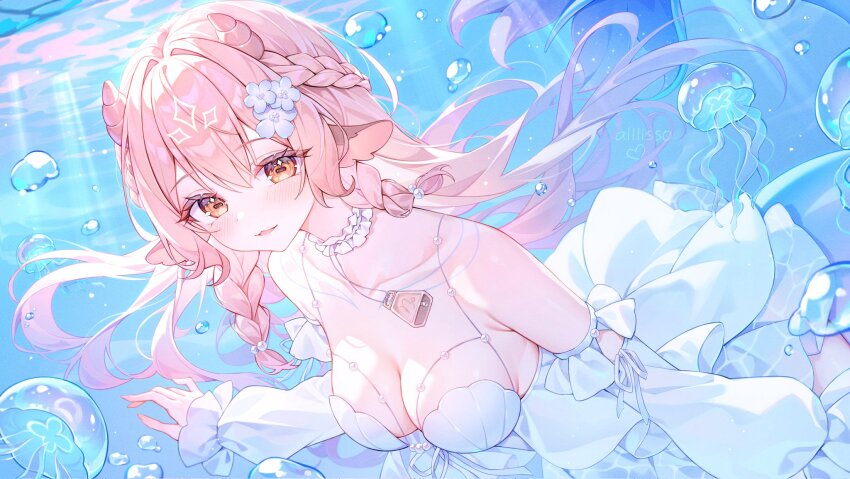 1girl alllisso bare_shoulders breasts choker cleavage collarbone detached_sleeves dress freediving frilled_choker frills highres indie_virtual_youtuber leaning_forward long_hair long_sleeves looking_at_viewer medium_breasts open_mouth orange_eyes pink_hair sleeveless sleeveless_dress smile solo spaghetti_strap underwater very_long_hair virtual_youtuber yuchi_(vtuber)