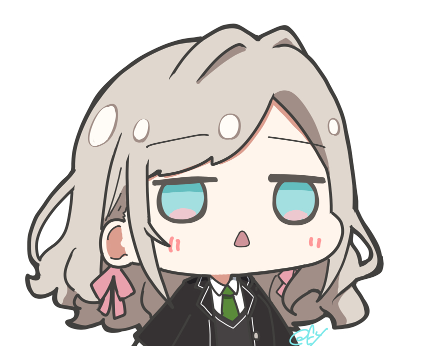 1girl black_jacket black_sweater_vest blue_eyes blush chibi chibi_only collared_shirt d: dress_shirt green_necktie grey_hair hair_intakes hair_ribbon highres jacket jitome link!_like!_love_live! long_hair long_sleeves love_live! mizukawa_school_uniform necktie oofushi_ao open_mouth pink_ribbon ribbon school_uniform ceras_yanagida_lilienfeld shirt signature simple_background solo sweater_vest swept_bangs upper_body white_background white_shirt
