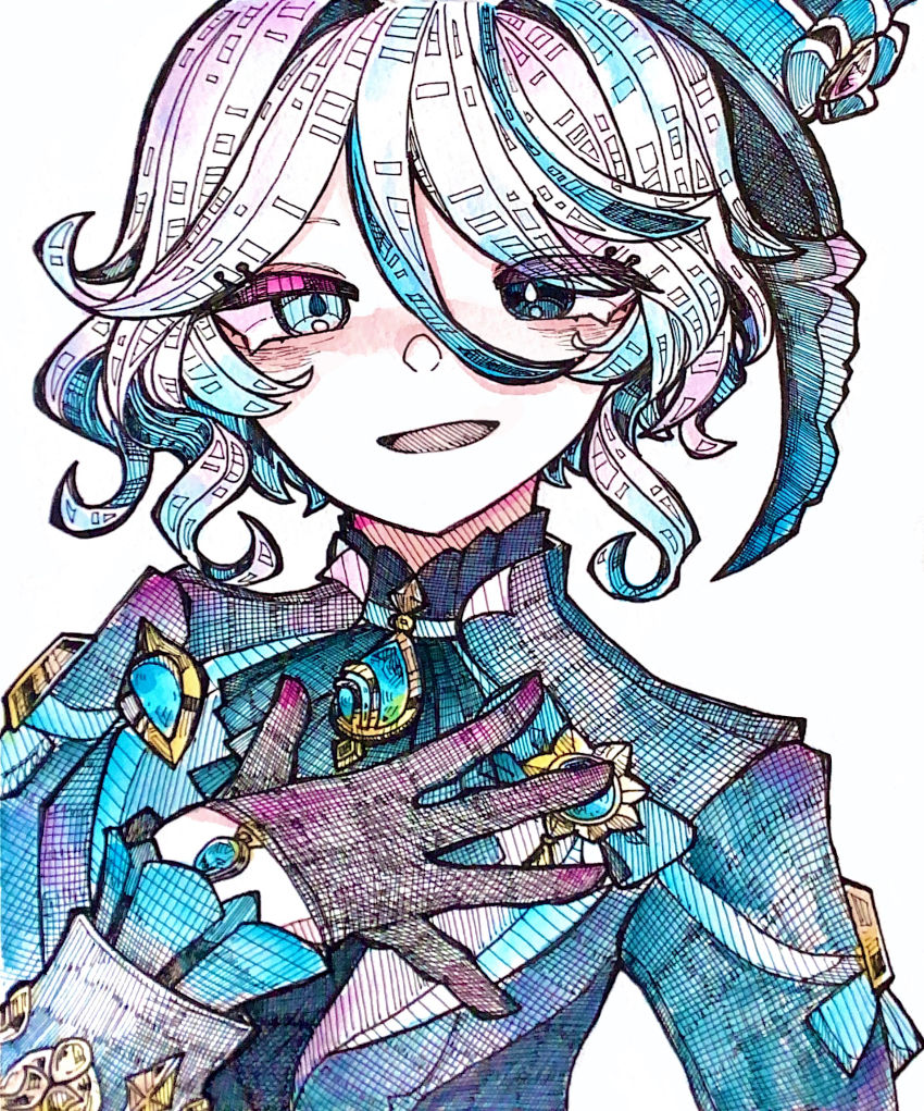 1girl absurdres black_gloves blue_eyes blue_hair crosshatching frilled_sleeves frills furina_(genshin_impact) genshin_impact gloves hair_between_eyes hand_jewel hand_on_own_chest hat hatching_(texture) heterochromia high_collar highres jewelry long_hair_between_eyes long_sleeves medium_hair multicolored_hair neckerchief pendant setsu_o_o simple_background smile solo symbol-shaped_pupils top_hat traditional_media upper_body wavy_hair white_background white_hair