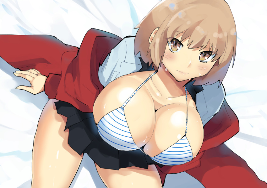 1girl breasts brown_eyes brown_hair cleavage devil_survivor_(series) devil_survivor_2 highres huge_breasts large_breasts looking_at_viewer nervous nitta_io rice_grg school_uniform short_hair skirt sweat sweatdrop