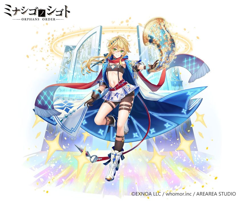 1girl bandeau black_bandeau black_gloves black_shorts black_socks blonde_hair braid closed_mouth coat copyright_notice copyright_request fringe_trim gloves green_eyes hair_between_eyes highres holding horn_(instrument) long_hair navel official_art open_clothes open_coat pleated_skirt red_scarf ryuuki_(hydrangea) scarf short_shorts short_sleeves shorts shorts_under_skirt simple_background skirt smile socks solo standing standing_on_one_leg suspender_skirt suspenders watermark white_background white_coat white_footwear white_skirt