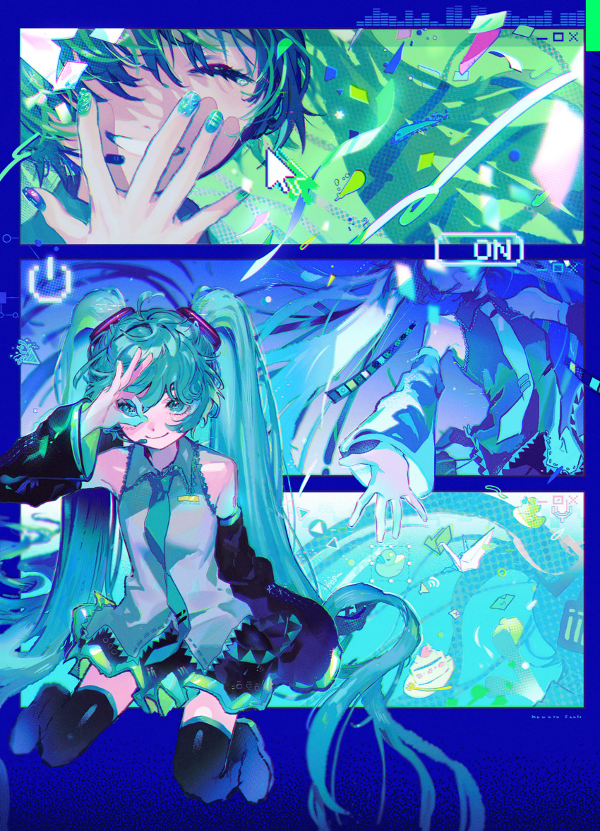 1girl absurdres analogous_colors aqua_eyes aqua_hair aqua_nails aqua_necktie bare_shoulders black_skirt black_sleeves boots closed_eyes closed_mouth commentary cursor detached_sleeves english_commentary facing_viewer frutiger_aero green_nails grin hatsune_miku highres long_hair long_sleeves looking_at_viewer mawarusanso miniskirt multicolored_nails multiple_views nail_art nail_polish necktie ok_sign ok_sign_over_eye pleated_skirt purple_nails shirt skirt sleeveless sleeveless_shirt smile teeth thigh_boots thighhighs twintails very_long_hair vocaloid white_shirt window_(computing)