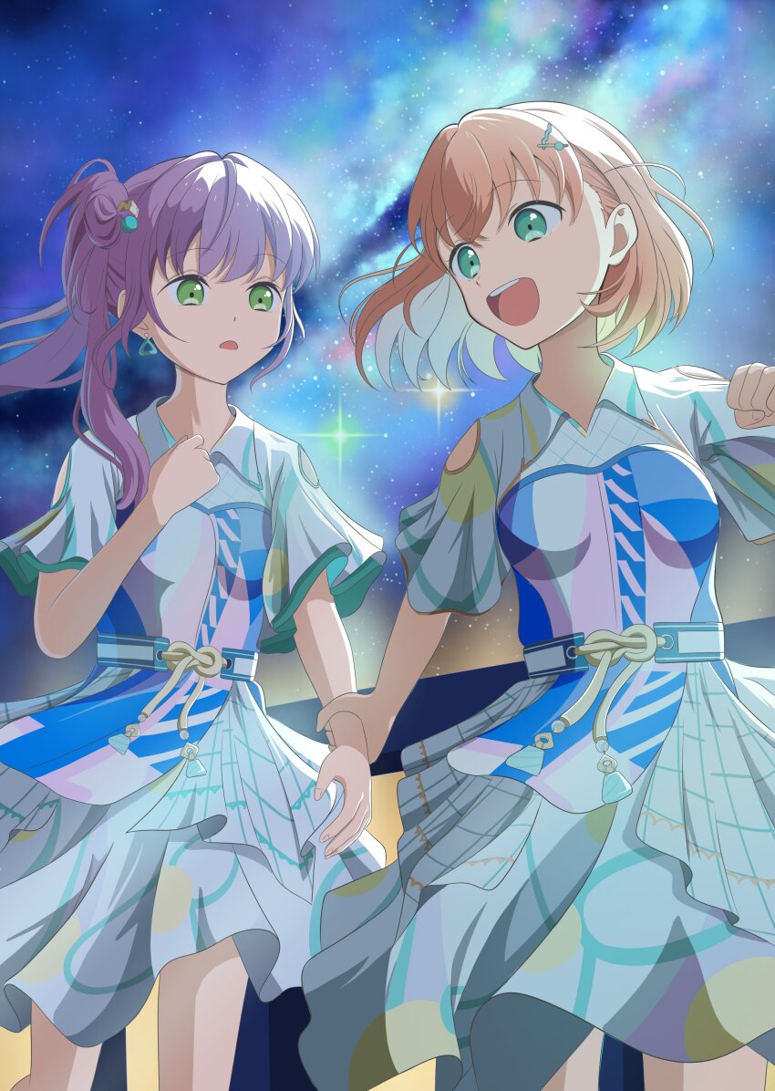 2girls :d absurdres aqua_dress aqua_eyes blue_dress blue_sky blush breasts cerise_bouquet clothing_cutout collared_dress commentary crossed_bangs cube_hair_ornament d: dress feet_out_of_frame frilled_dress frills genyo_yako green_eyes hair_bun hair_ornament highres hinoshita_kaho holding_another&#039;s_wrist layered_dress link!_like!_love_live! long_hair looking_at_another love_live! medium_breasts medium_dress medium_hair morio_(mmorio_mu) multicolored_dress multiple_girls nebula night night_sky open_mouth orange_hair otomune_kozue pink_dress purple_hair short_sleeves shoulder_cutout side_ponytail sidelocks single_side_bun sky smile star_(sky) starry_sky two_side_up unfinished virtual_youtuber white_dress