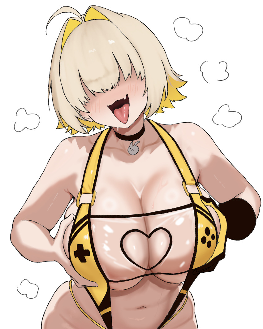 1girl :d absurdres ahoge black_choker blonde_hair blush breasts breasts_squeezed_together choker cleavage collarbone curvy elegg_(boom_and_shock)_(nikke) elegg_(nikke) fang gloves goddess_of_victory:_nikke grabbing_own_breast hair_intakes hair_over_eyes highres huge_breasts navel open_mouth peace_peace009 shiny_skin short_hair simple_background single_glove slingshot_swimsuit smile solo stomach swimsuit tongue tongue_out white_background wide_hips yellow_slingshot_swimsuit