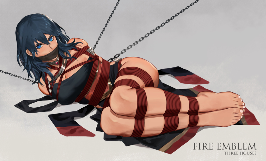 1girl bare_shoulders barefoot bdsm black_dress blue_eyes blue_hair bondage bound bound_ankles bound_arms bound_legs bound_torso breasts female_byleth_(fire_emblem) chain choker cleavage cloth_gag dancer dancer_(fire_emblem:_three_houses) dress feet female_focus fire_emblem fire_emblem:_three_houses full_body gag gagged hair_between_eyes highres improvised_gag intelligent_systems kidnapped large_breasts looking_at_viewer medium_hair nintendo rainnear solo toes