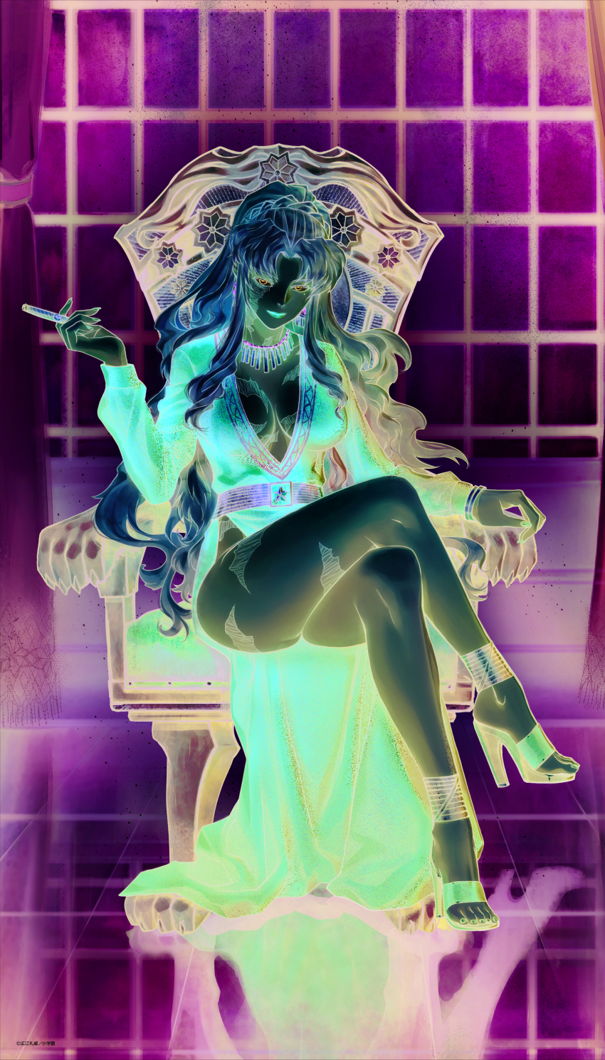 1girl absurdres alternate_costume ankle_ring balalaika_(black_lagoon) bangle bare_legs black_lagoon blonde_hair blue_eyes bracelet braid breasts burn_scar cigar cleavage crossed_legs crown_braid dress fingernails full_body high_heels highres hiroe_rei holding holding_cigar jewelry large_breasts long_dress long_sleeves looking_at_viewer mature_female mole mole_under_eye multiple_scars nail_polish necklace no_bra official_art pelvic_curtain plunging_neckline red_dress red_lips red_nails scar scar_on_breasts scar_on_face scar_on_leg scar_on_neck sitting smoking solo textless_version throne toeless_footwear toenail_polish toenails toes