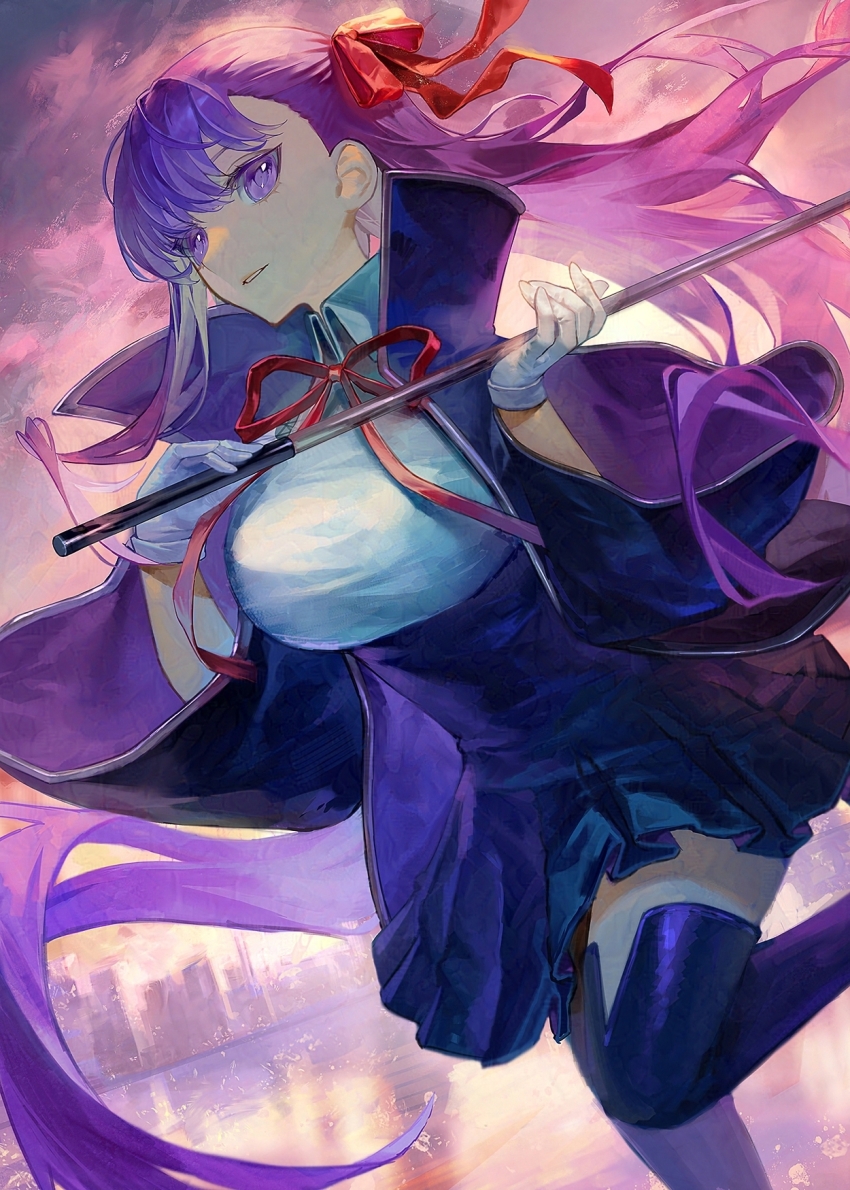 1girl bb_(fate) bb_(fate/extra) black_coat breasts coat daeraeband fate/extra fate/extra_ccc fate/grand_order fate_(series) gloves hair_ribbon high-waist_skirt highres large_breasts long_hair long_sleeves looking_at_viewer neck_ribbon popped_collar purple_eyes purple_hair red_ribbon ribbon skirt smile solo thighhighs very_long_hair white_gloves