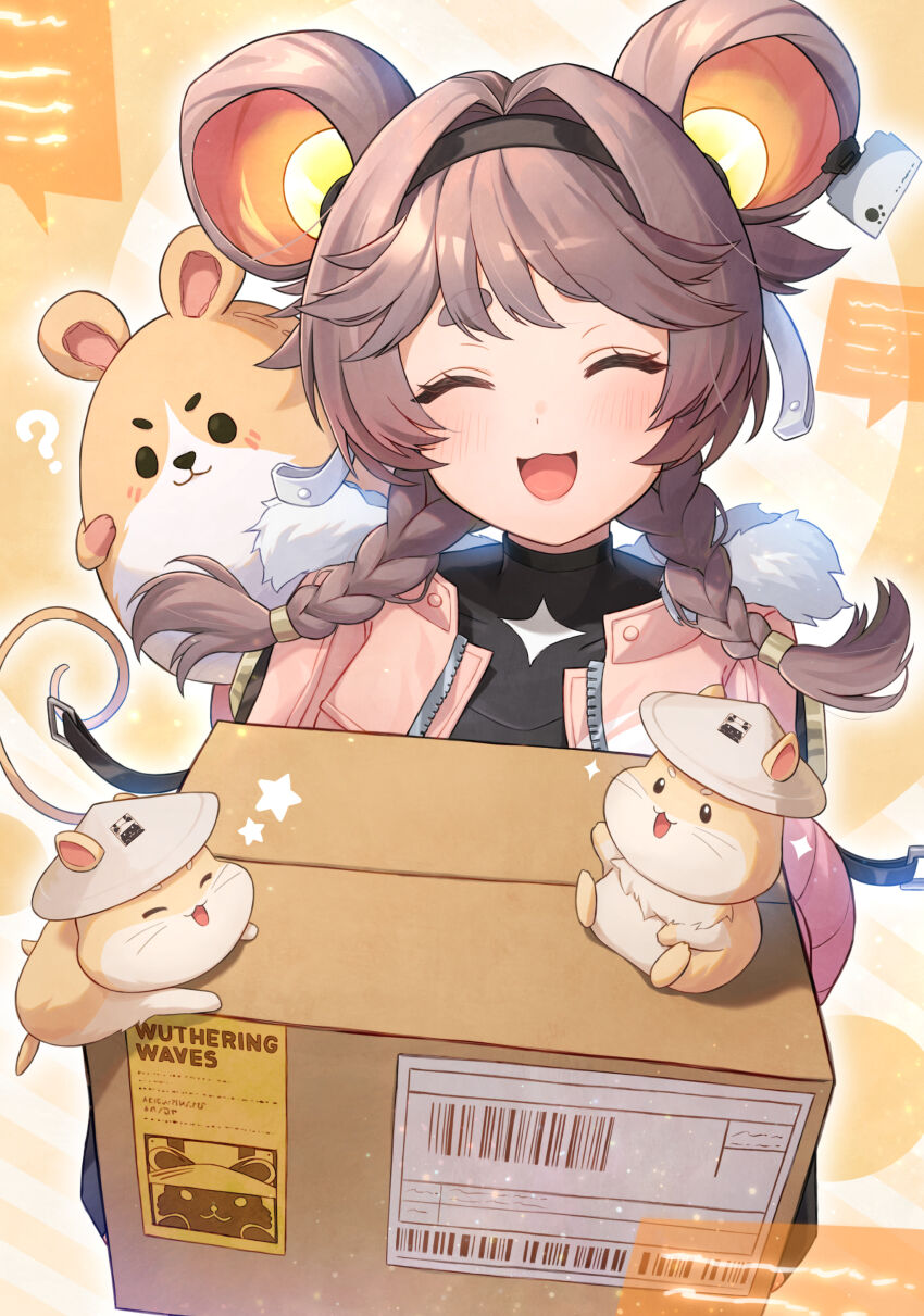1girl absurdres black_hairband black_shirt box braid brown_hair cardboard_box closed_eyes commentary_request facing_viewer fur-trimmed_jacket fur_trim hairband hamster highres holding holding_box jacket kinkuma low_twin_braids lumi_(wuthering_waves) medium_hair open_mouth pink_jacket shirt smile solo thick_eyebrows twin_braids wuthering_waves