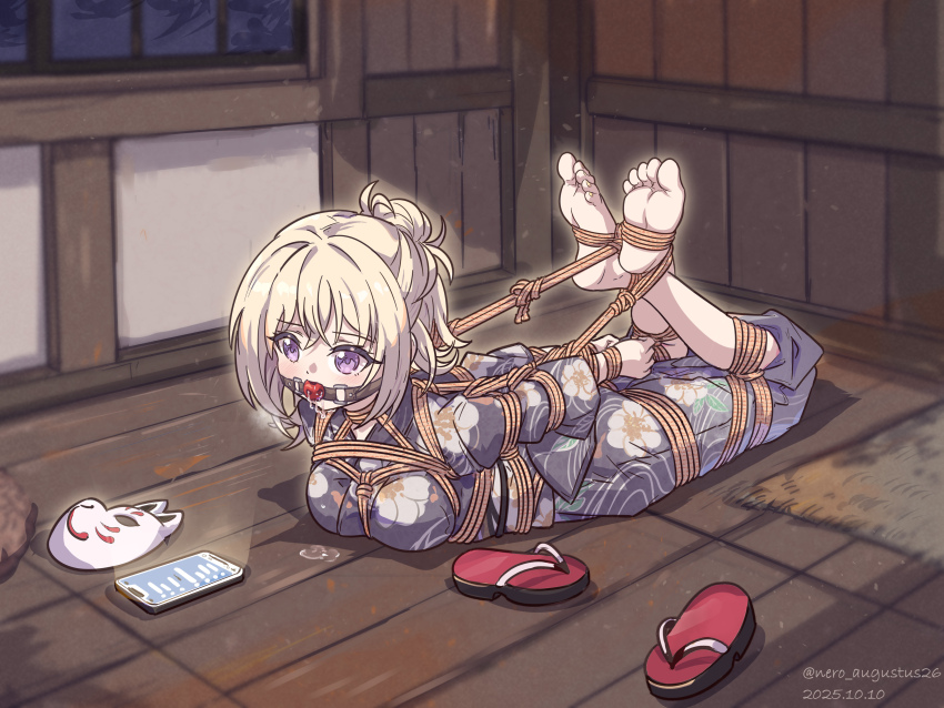 1girl absurdres arms_behind_back ball_gag bang_dream! bang_dream!_it&#039;s_mygo!!!!! barefoot bdsm blonde_hair bondage bound bound_ankles bound_arms bound_breasts bound_legs bound_torso bound_wrists breast_bondage breasts cellphone commentary_request crossed_ankles crotch_rope dated drooling female_focus fox_mask gag gagged highres hogtie indoors japanese_clothes kimono large_breasts lying mask misumi_uika nero_augustus official_alternate_costume on_floor on_stomach one_side_up partial_commentary phone ponytail purple_eyes saliva saliva_puddle saliva_trail sandals shibari shibari_over_clothes short_ponytail smartphone soles solo twitter_username unworn_mask unworn_sandals variant_set wiffle_gag window wooden_floor yukata zouri
