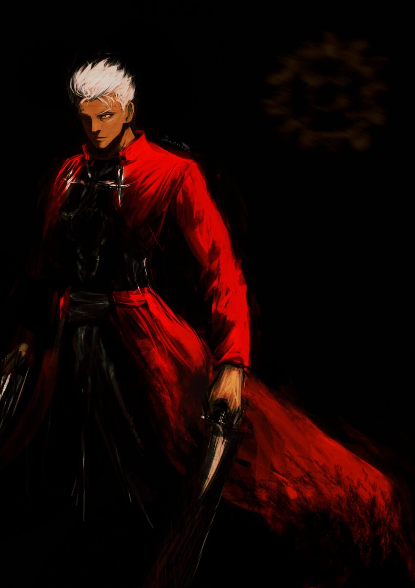 1boy absurdres archer_(fate) coat crain1art dark-skinned_male dark_skin fate/grand_order fate/stay_night fate_(series) highres holding holding_sword holding_weapon kanshou_&amp;_bakuya_(fate) male_focus red_coat sword tan weapon white_hair