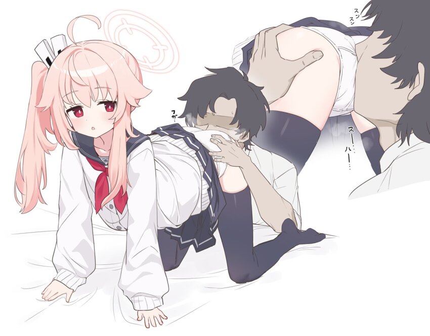 1boy 1girl :&lt; :o ahoge all_fours anba_kohaku arm_support bent_over black_hair black_sailor_collar black_skirt black_thighhighs blue_archive blush bright_pupils cardigan clothes_lift dot_nose face_in_ass faceless faceless_male from_behind grabbing_another&#039;s_ass groping halo heavy_breathing hetero loli long_hair long_sleeves looking_at_another looking_back multiple_views natsu_(blue_archive) neckerchief no_shoes on_bed open_mouth panties pink_hair pink_halo pleated_skirt red_eyes red_neckerchief sailor_collar school_uniform sensei_(blue_archive) serafuku shirt short_hair side_ponytail simple_background skirt skirt_lift sleeves_past_wrists smelling smelling_ass smelling_clothes smelling_underwear steaming_body thighhighs thighs underwear white_background white_cardigan white_panties white_pupils white_shirt zettai_ryouiki