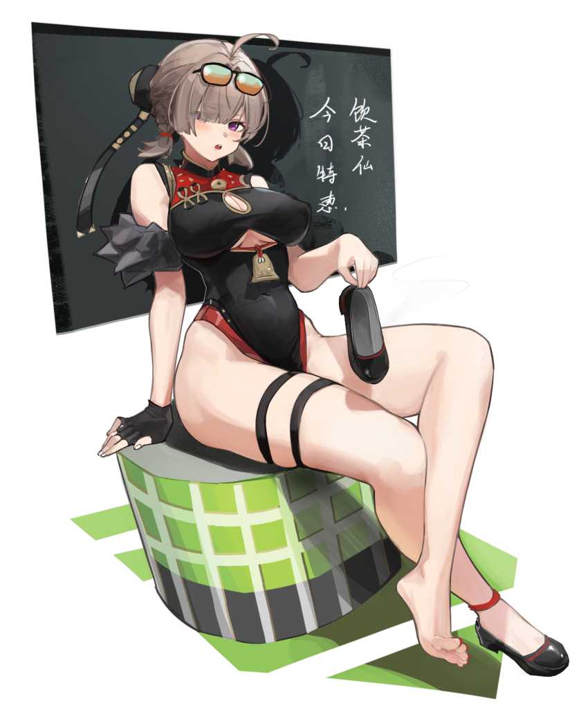 ahoge barefoot black_dress black_gloves black_shoes breasts brown_hair china cleavage_cutout clothing_cutout covered_erect_nipples dress eyewear_on_head feet fingerless_gloves gloves highres holding holding_shoes holding_unworn_clothes large_breasts nail_polish natsuko_iman pelvic_curtain purple_eyes shoes short_hair simple_background single_bare_foot sitting soles sunglasses sweety_(zenless_zone_zero) thigh_strap toenail_polish toenails toes translated underboob_cutout unworn_shoes white_background zenless_zone_zero