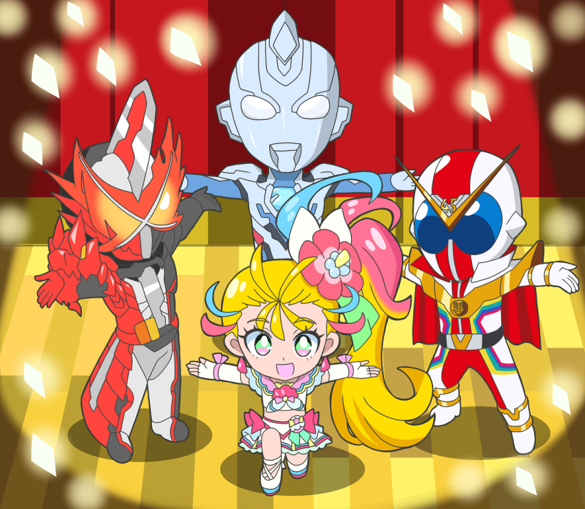 1girl 3boys alien armlet armor assault_visor asymmetrical_gloves belt blonde_hair blue_hair bodysuit bracelet brave_dragon buti-yu cape capelet chibi color_timer compound_eyes crossover cure_summer curtains earrings fingerless_gloves flower gloves glowing glowing_eyes gradient_hair green_eyes hair_flower hair_ornament heart heart_in_eye helmet hibiscus high_side_ponytail isekai_quartet jewelry kamen_rider kamen_rider_saber kamen_rider_saber_(series) kikai_sentai_zenkaiger kneeling knight long_hair magical_girl midriff miniskirt mismatched_gloves multicolored_bodysuit multicolored_hair multiple_boys natsuumi_manatsu outstretched_arms parody pink_flower pink_hair ponytail precure red_armor red_curtains shell shell_brooch skirt smile spiked_helmet stage stage_curtains stage_lights standing streaked_hair super_sentai symbol_in_eye tokusatsu triangle_earrings tropical-rouge!_precure ultra_series ultraman_z ultraman_z_(original) ultraman_z_(series) v-fin very_long_hair visor_(armor) white_eyes white_footwear white_gloves zenkaizer