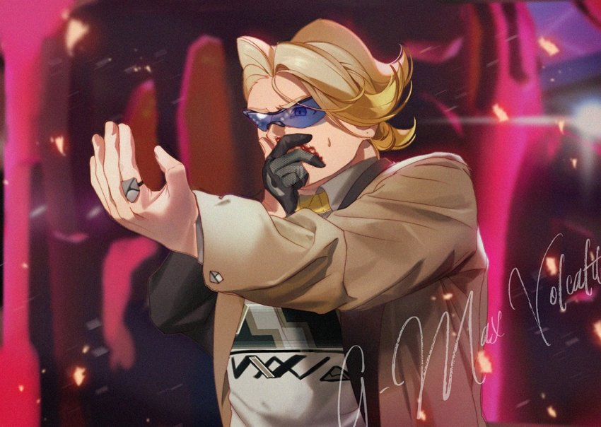 1boy bad_id bad_twitter_id black-framed_eyewear blonde_hair blood blood_on_face blue-tinted_eyewear blue_eyes blurry blurry_background brown_jacket buttons coalossal collared_shirt commentary_request dynamax gen_8_pokemon gigantamax gigantamax_coalossal gloves gordie_(pokemon) gym_leader hands_up jacket jewelry korean_commentary long_sleeves male_focus malshi_edroad necklace nintendo open_clothes open_jacket partially_fingerless_gloves pokemon pokemon_(creature) pokemon_swsh ring shirt short_hair single_glove sunglasses tinted_eyewear