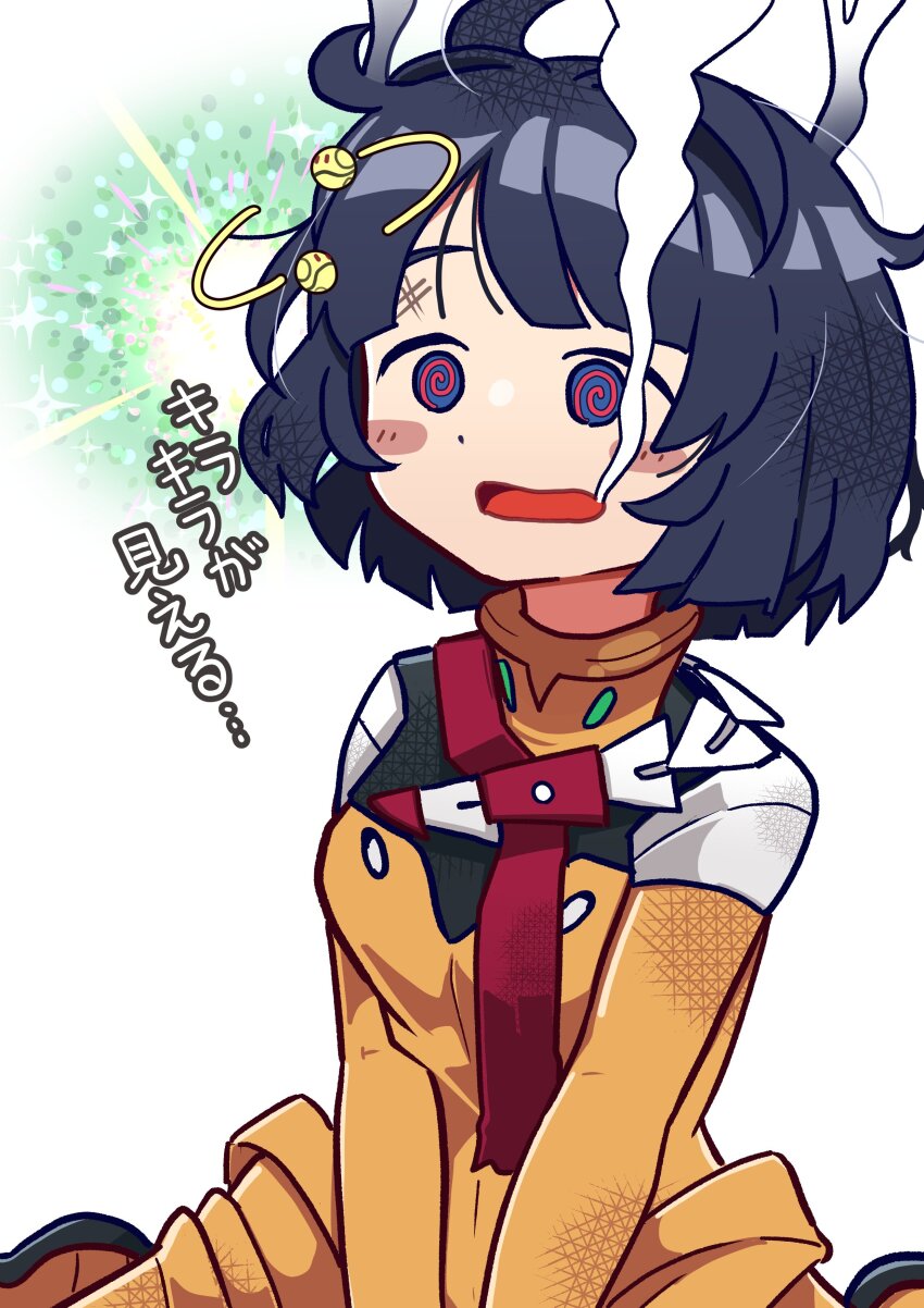 1girl @_@ absurdres black_hair blue_eyes blush bodysuit breasts commentary_request dizzy gundam gundam_gquuuuuux haro highres kanisawa_yuuki mecha_pilot_suit messy_hair no_sclera normal_suit_(gundam) open_mouth orange_bodysuit red_eyes shiiko_sugai short_hair simple_background sitting smoke solo translation_request white_background