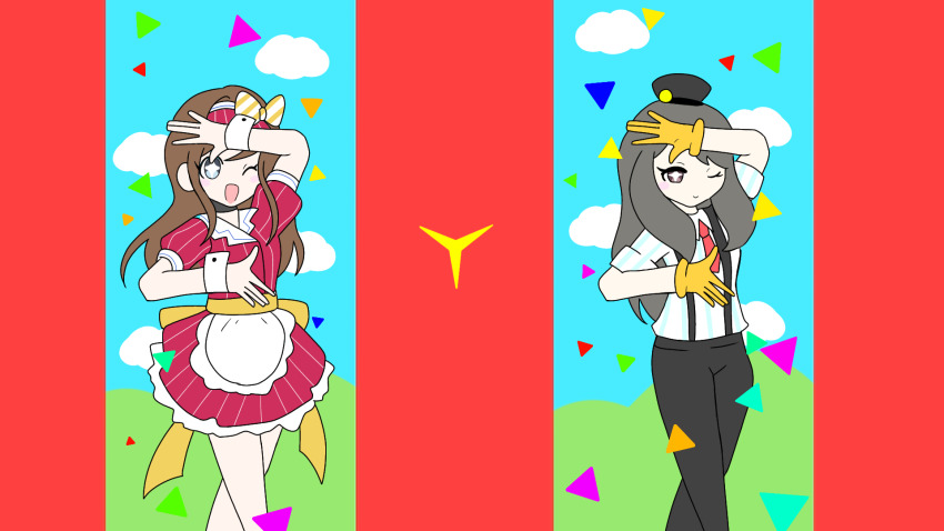 2girls dancing digimon digimon_rearise hat highres long_hair multiple_girls parody ribbon shinjo_michi shinkai_sara