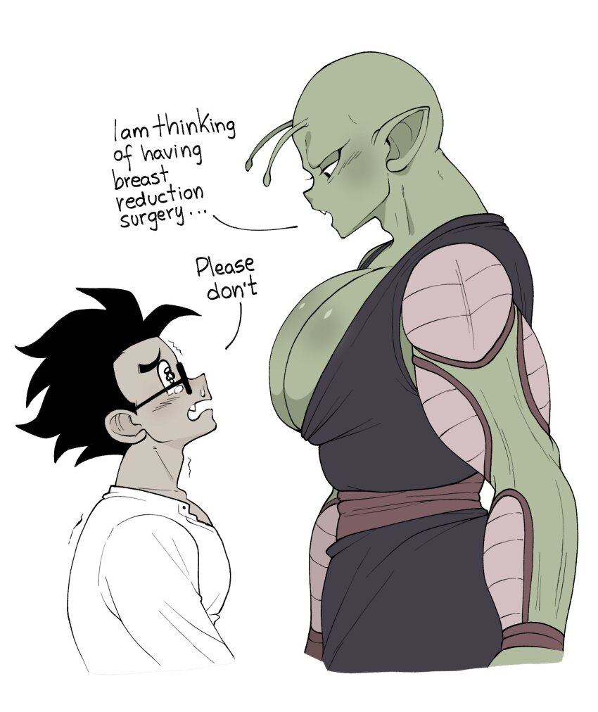 2boys black_hair blush colored_skin crying dragon_ball english_text glasses green_skin large_pectorals looking_at_another male_focus multiple_boys muscular muscular_male namekian niusesabe open_mouth pectorals piccolo saiyan son_gohan speech_bubble tears yaoi
