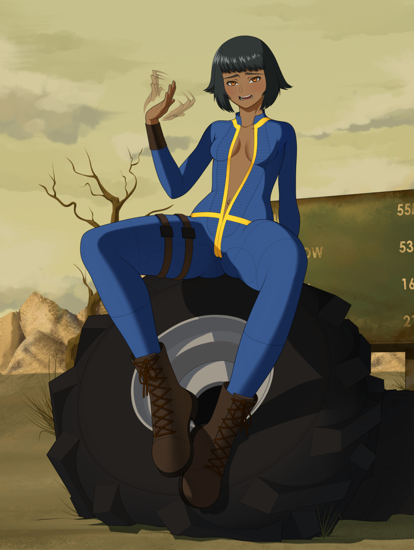 absurdres arianne_(artist) bodysuit boots commission dark-skinned_female dark_skin fallout fallout:_new_vegas fanning_face fanning_self highres hot legs_apart mia-b013 native_american no_bra no_panties sitting sitting_on_object unzipped unzipped_bodysuit unzipping vault_dweller vault_girl vault_suit