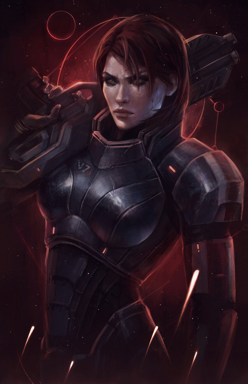 1girl armor black_eyeshadow breasts brown_eyes commander_shepard commander_shepard_(female) eva_kosmos eyeshadow facial_scar frown gloves grey_gloves gun highres holding holding_gun holding_weapon makeup mass_effect_(series) medium_breasts medium_hair n7_armor over_shoulder power_armor red_hair scar scar_on_cheek scar_on_face solo space star_(sky) v-shaped_eyebrows weapon weapon_over_shoulder