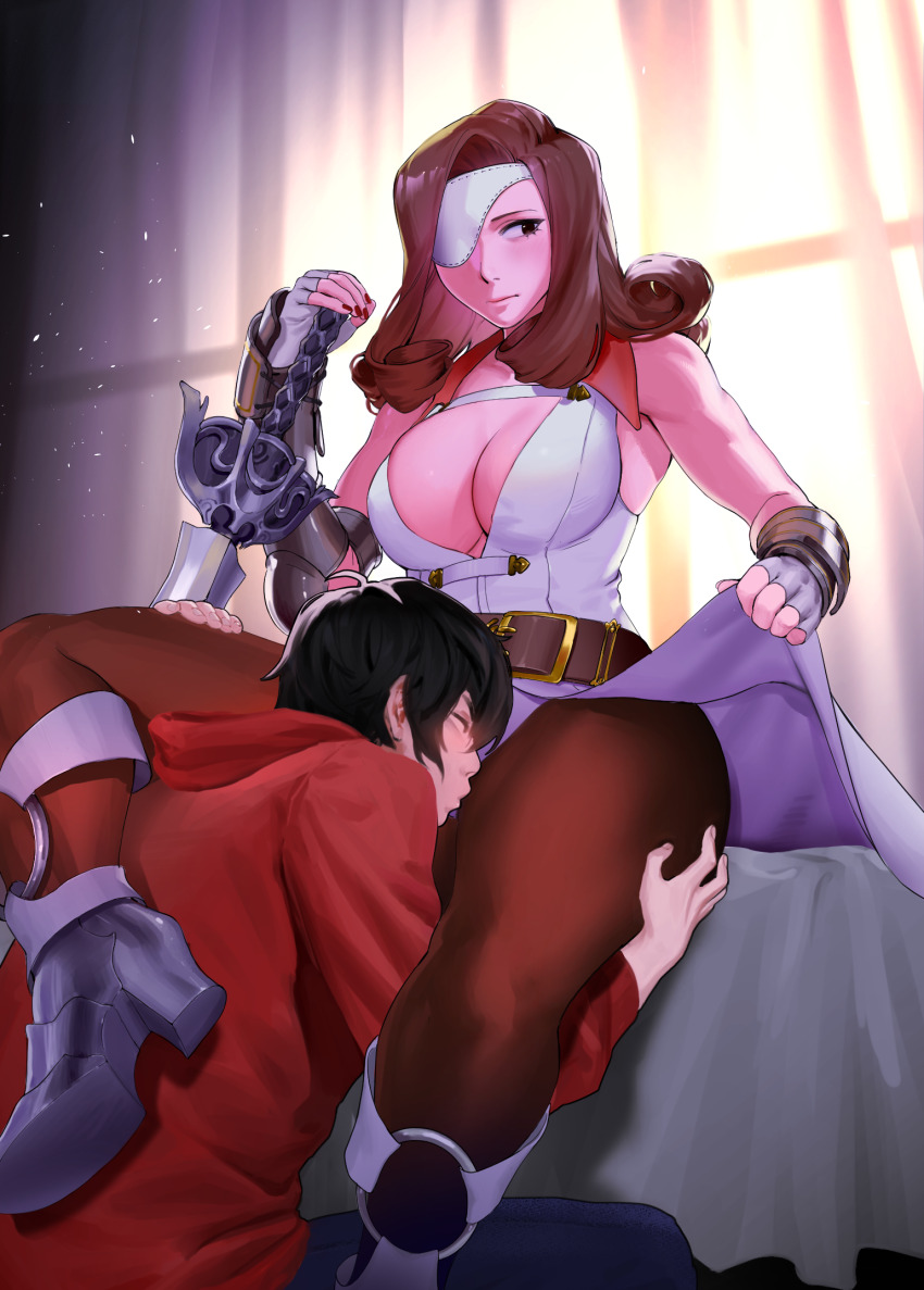 1boy 1girl armor beatrix_(ff9) bed bedroom belt blush breasts brown_eyes brown_hair brown_pantyhose clothes_lift commission curly_hair eyepatch final_fantasy final_fantasy_ix fingerless_gloves flustered gloves head_between_thighs hetero high_heels highres jackboo kiss kissing_thigh large_breasts leggings legs looking_to_the_side medium_hair one_eye_visible pantyhose sitting skirt skirt_lift square_enix sword thick_thighs thigh_grab thighs underwear weapon