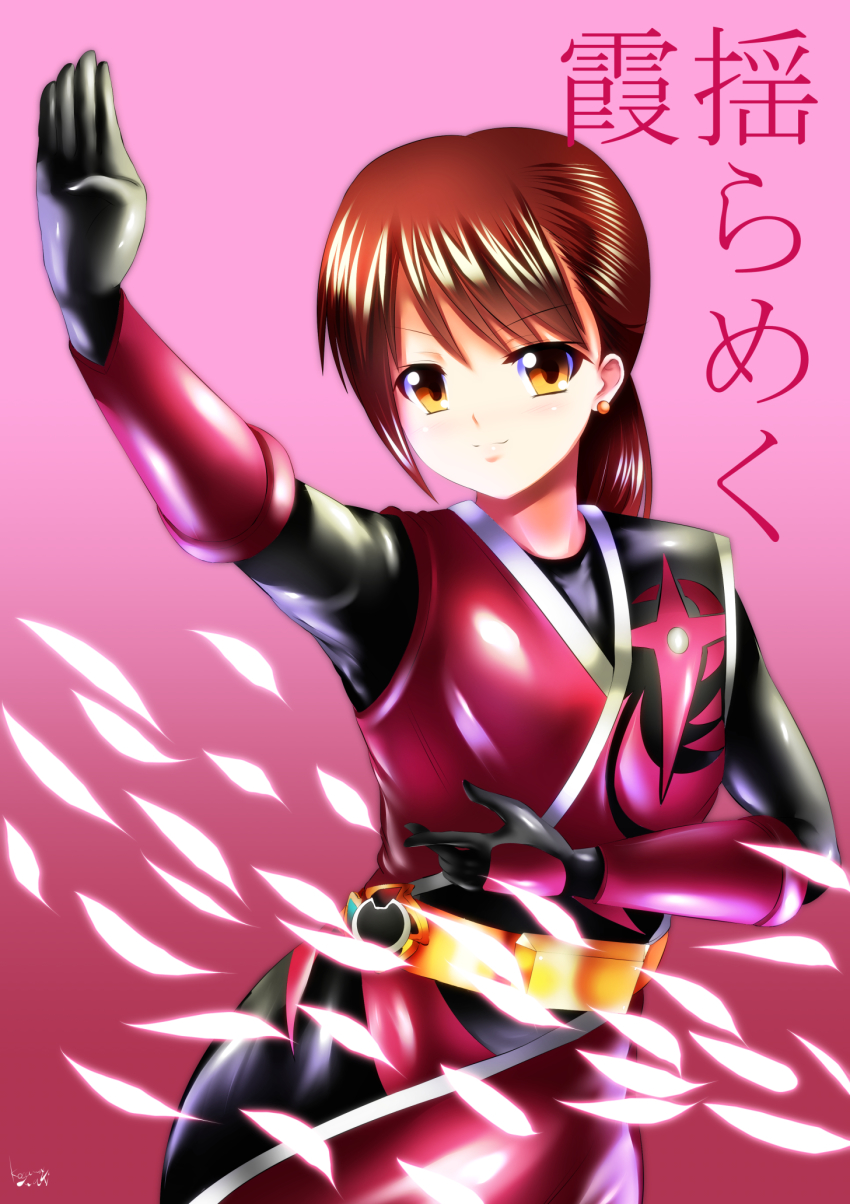 1girl brown_eyes brown_hair female_focus highres kogawa_waki_(artist) looking_at_viewer momochi_kasumi momoninger shuriken_sentai_ninninger smile solo super_sentai