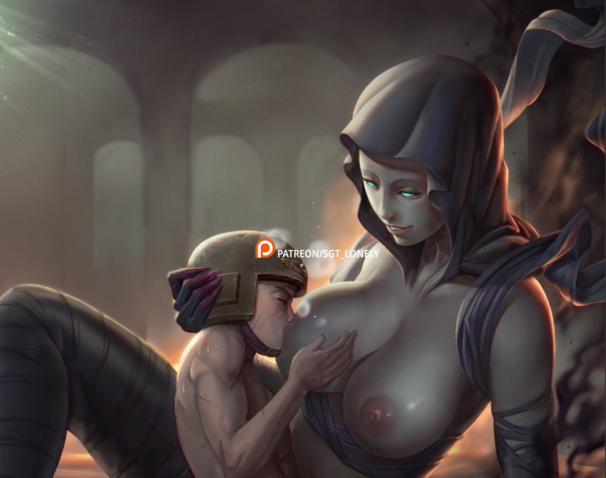 1boy 1girl astra_militarum blue_eyes breast_hold breast_sucking breasts breasts_out c&#039;tan_shard clothed_female_nude_male colored_skin commentary corruption cropped english_commentary giant giantess grey_skin hagoromo hand_on_another&#039;s_head headpat height_difference helmet heresy hetero interspecies large_breasts looking_at_another necron nipples no_pupils nude paid_reward_available reclining scar sgt_lonely shawl size_difference smile soldier solid_eyes warhammer_40k