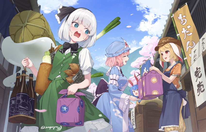 4girls :d :o ^_^ animal_ears apron architecture arm_garter bag bamboo_shoot black_bow black_bowtie black_hairband black_ribbon blonde_hair blue_apron blue_eyes blue_hair blue_hat blue_kimono blue_sky bottle bow bowtie box brown_hat bunbunmaru cabbie_hat closed_eyes cloud collared_shirt commentary_request crying crying_with_eyes_open daikon day east_asian_architecture falling_petals floppy_ears green_skirt green_vest groceries hair_ribbon hairband hat highres hitodama_print holding holding_bottle holding_box japanese_clothes kanpa_(campagne_9) kimono konpaku_youmu konpaku_youmu_(ghost) long_sleeves mob_cap multiple_girls newspaper obi open_mouth outdoors petals pink_hair puffy_short_sleeves puffy_sleeves rabbit_ears radish red_eyes ribbon ringo_(touhou) saigyouji_yuyuko sash seiran_(touhou) shirt short_hair short_sleeves shoulder_bag skirt sky smile spring_onion tears touhou tree triangular_headpiece twitter_username vest white_shirt wide_sleeves