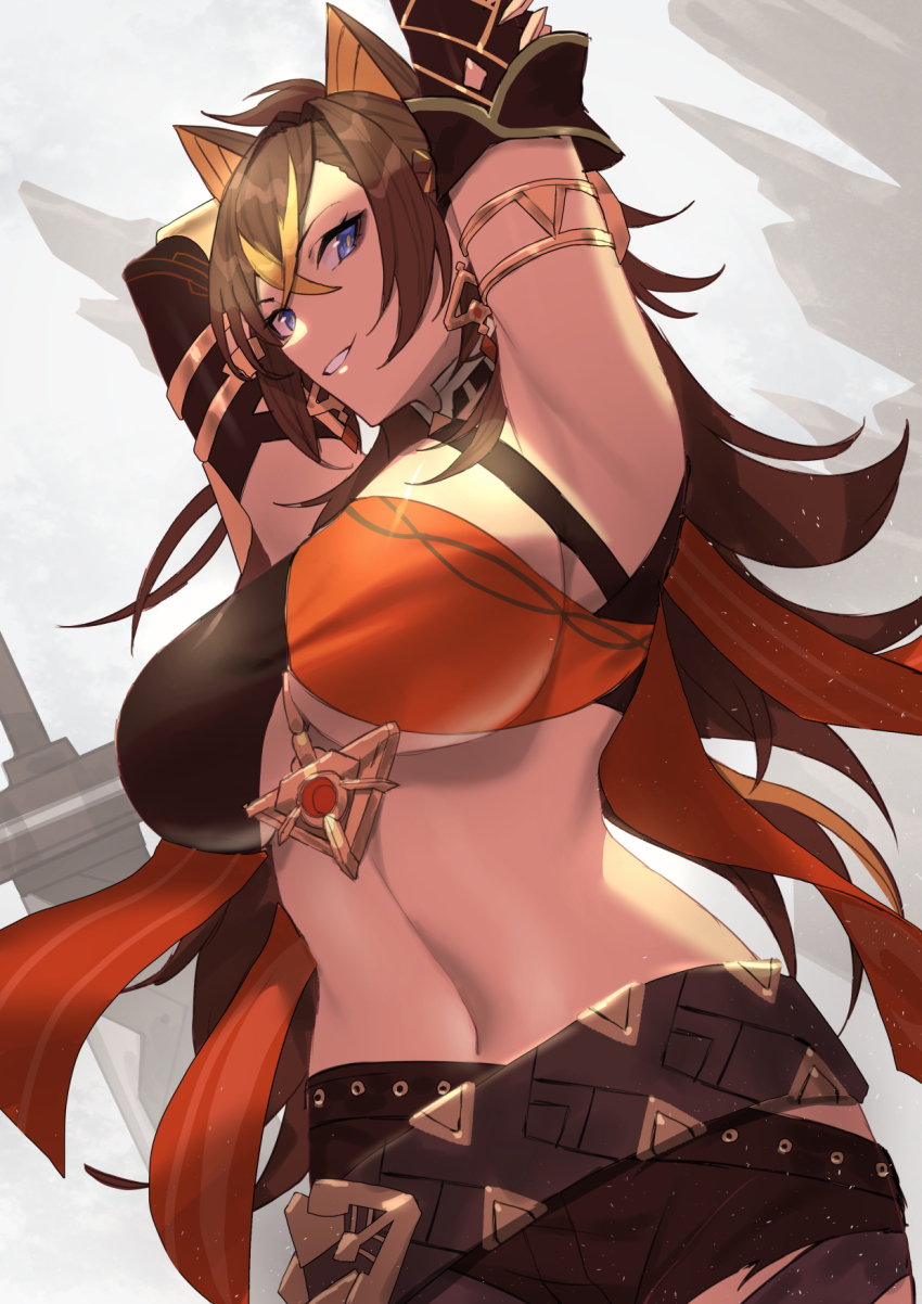 1girl armpits arms_behind_head arms_up asymmetrical_clothes bare_shoulders belt beppu_mitsunaka black_gloves black_pants blonde_hair blue_eyes breasts brown_hair criss-cross_halter crossed_bangs dark-skinned_female dark_skin dehya_(genshin_impact) earrings elbow_gloves fingerless_gloves gauntlets genshin_impact gloves greatsword grin hair_between_eyes hair_intakes halterneck highres jewelry large_breasts long_hair looking_at_viewer multicolored_hair navel neck_ring pants single_gauntlet single_pantsleg smile solo streaked_hair sword thighs