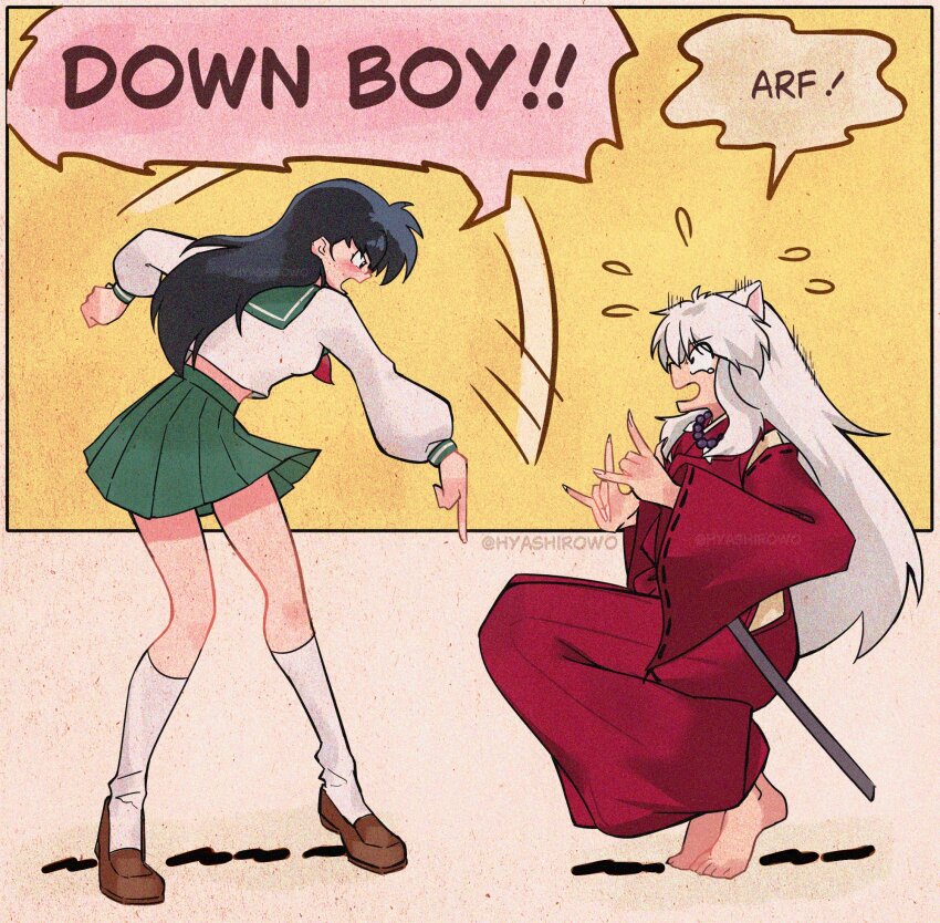 1boy 1girl animal_ears barefoot bead_necklace beads black_eyes comic_panel_redraw commentary derivative_work down_boy!!_(meme) english_text fingernails from_side green_sailor_collar green_skirt hakama highres higurashi_kagome hyashirowo inuyasha inuyasha_(character) japanese_clothes jewelry loafers long_hair long_sleeves meme neckerchief necklace open_mouth pleated_skirt pointing pointing_down profile red_hakama red_neckerchief sailor_collar school_uniform shirt shoes skirt socks speech_bubble squatting sword tooth_necklace twitter_username weapon white_hair white_shirt white_socks yellow_background