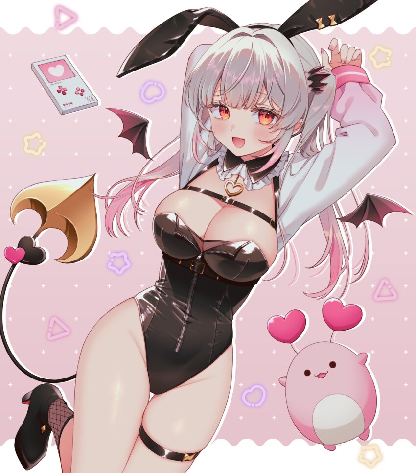 1girl absurdres alternate_costume animal_ears arms_up black_collar black_footwear black_horns black_leotard black_socks black_wings blunt_bangs blush breasts cleavage collar commentary_request covered_navel creature demon_girl demon_tail detached_collar detached_wings digital_media_player fake_animal_ears fishnet_socks fishnets foot_out_of_frame frilled_collar frills gradient_hair hair_intakes high_heels highres horns indie_virtual_youtuber kanikama_(suou_patra) large_breasts leotard long_hair looking_at_viewer mini_wings multicolored_hair open_mouth orange_eyes pink_background pink_hair playboy_bunny rabbit_ears shirt shrug_(clothing) small_horns smile socks solo strapless strapless_leotard suou_patra tail thigh_strap tt_chicca twintails virtual_youtuber white_shirt wings