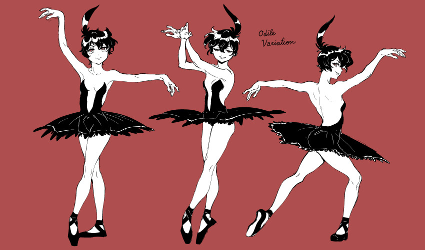 1girl absurdres ahoge ballerina ballet ballet_slippers black_hair bomhat breasts cleavage dancing en_pointe highres magical_girl princess_kraehe princess_tutu rue_(princess_tutu) small_breasts smile solo tutu